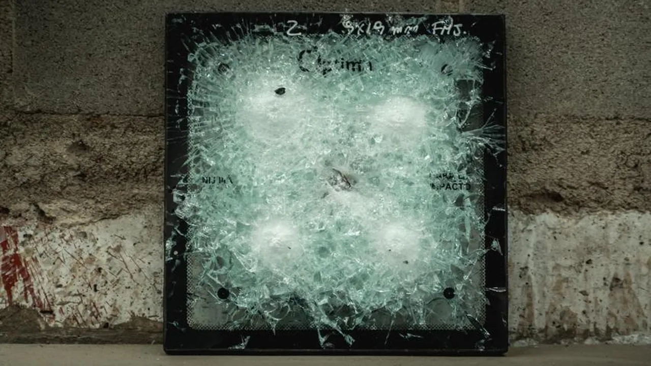 Panel de vidrio blindado ensayado en Blindamax con cinco impactos de 9x19 mm FMJ contenidos, rotulado nivel NIJ IIIA