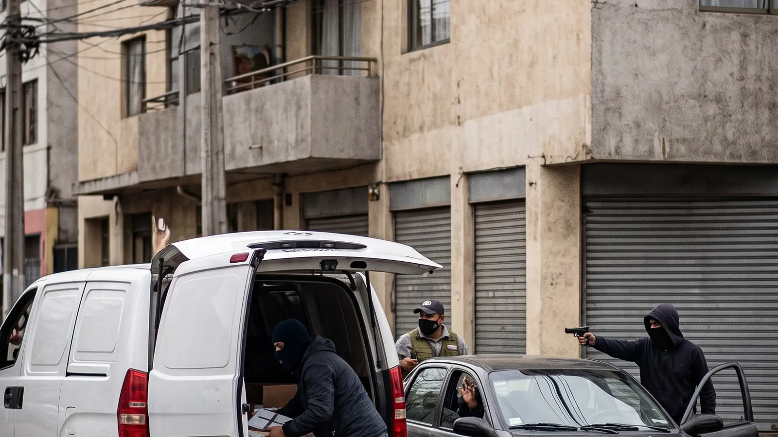 Asalto a un furgón de reparto en una calle urbana con delincuentes armados